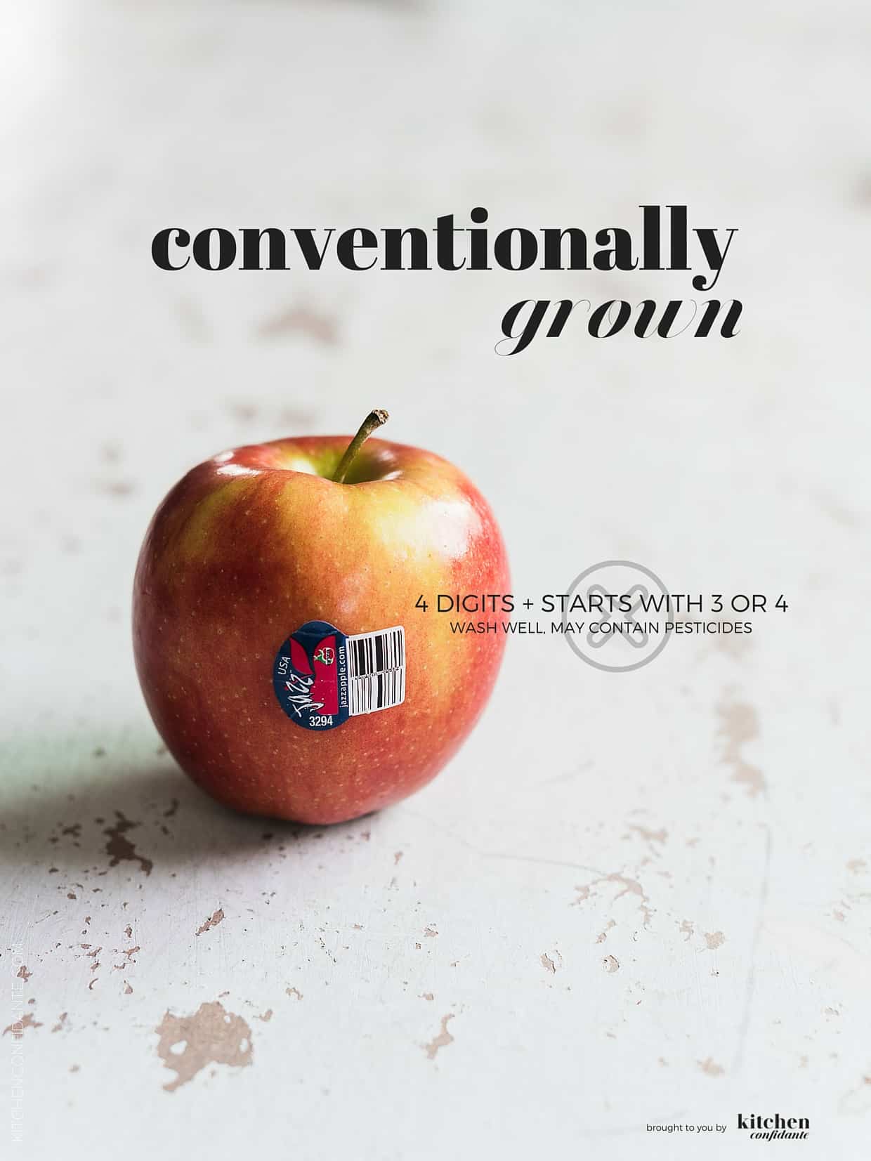 Fresh apple with conventionally grown PLU code on label. 