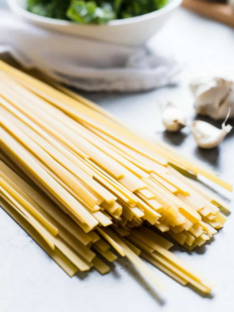 Dried pasta on a countertop.