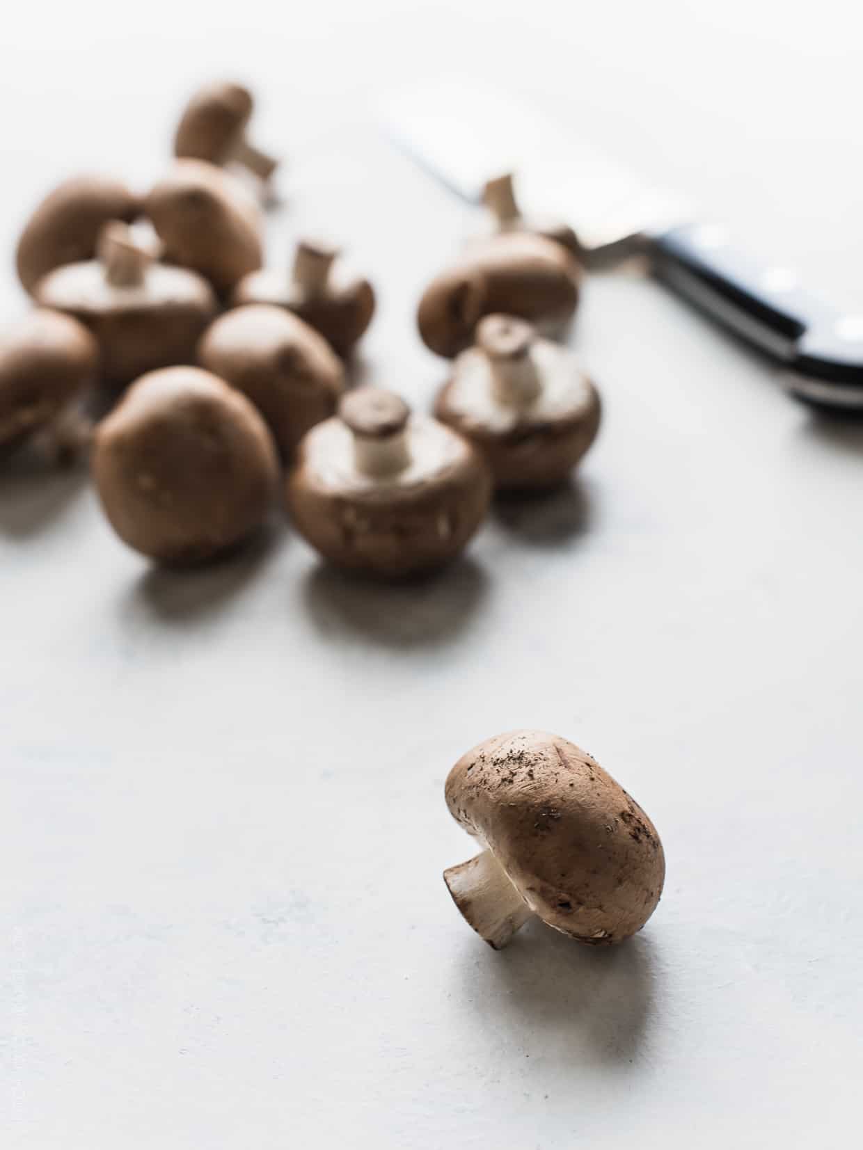 Fresh mushrooms on a counter top with a chef's knife.