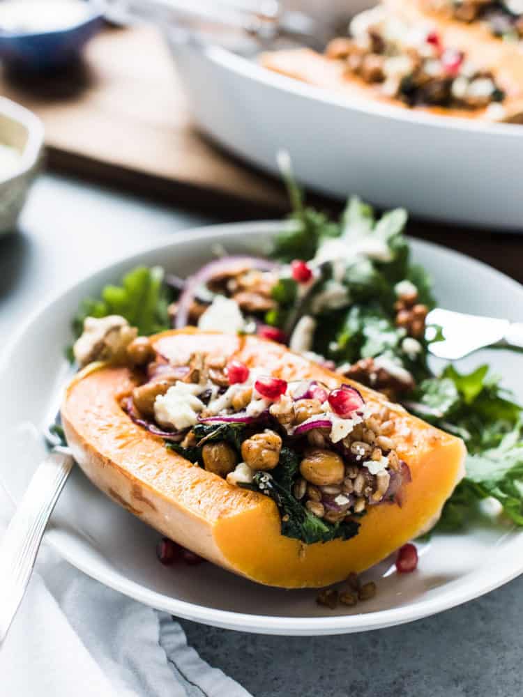 Stuffed Butternut Squash with Farro, Chickpeas and Kale - Kitchen ...