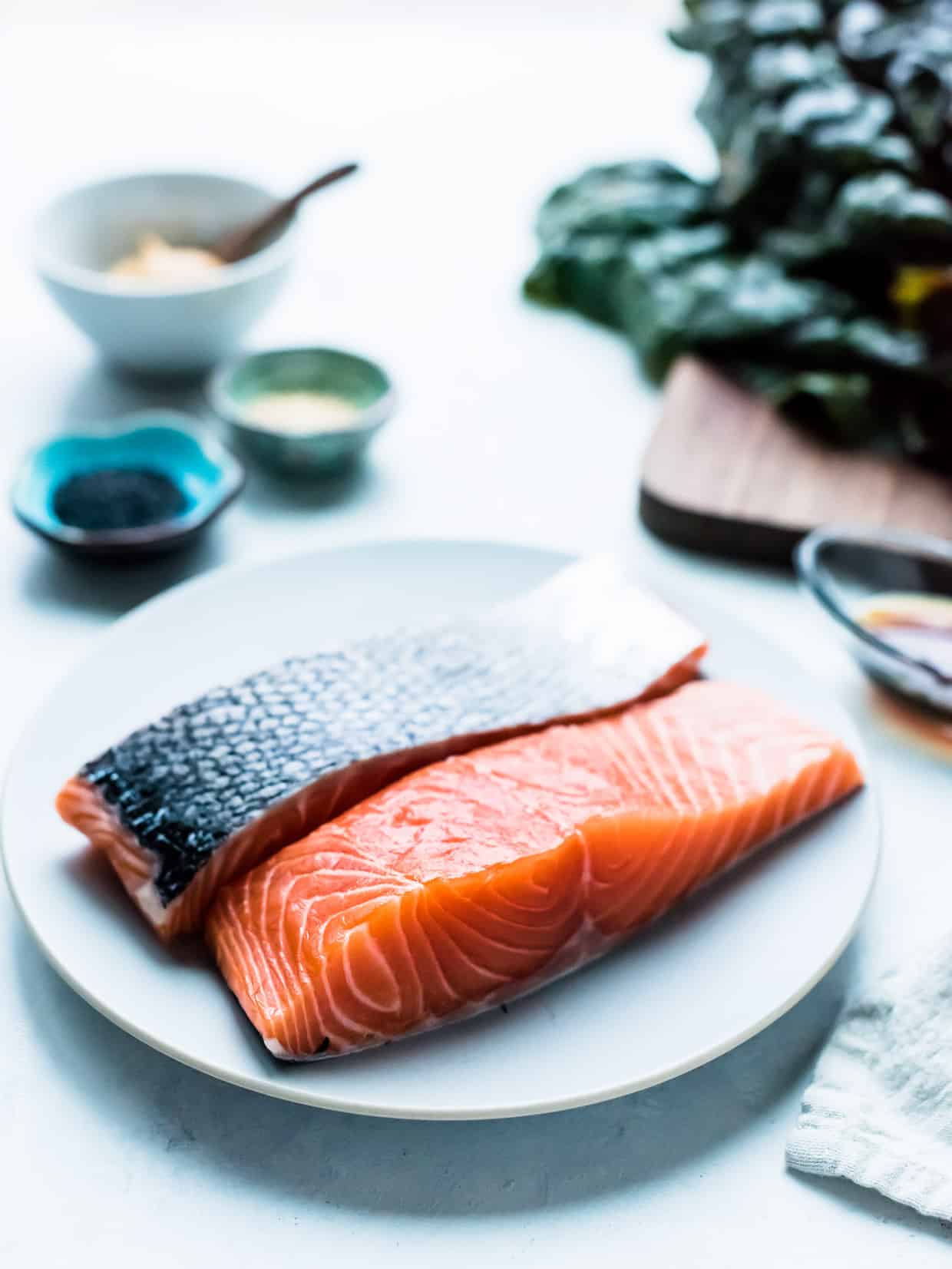 Raw salmon ready to sear for Miso Maple Glazed Salmon.