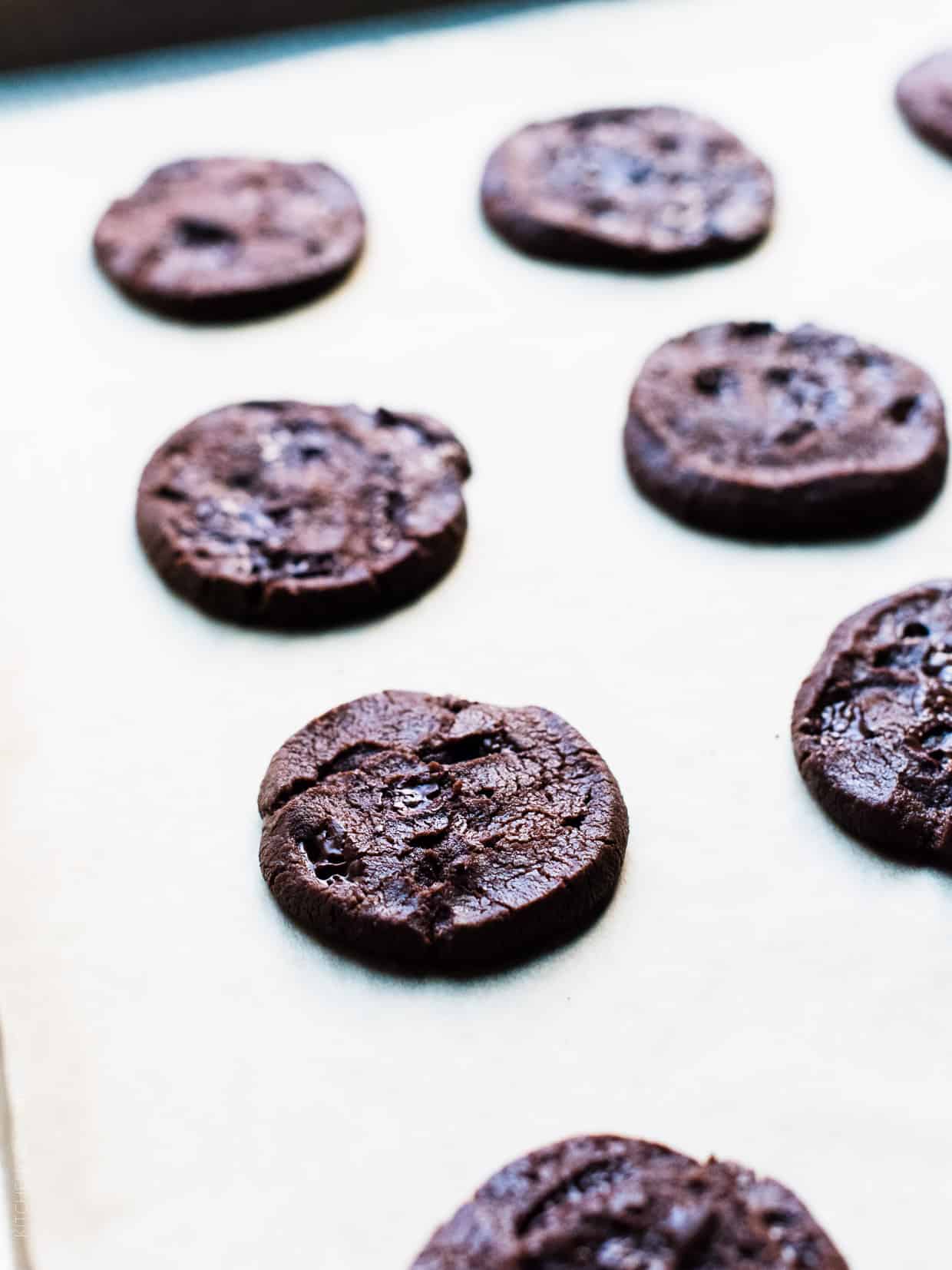 Chocolate World Peace Cookies on a baking tray.