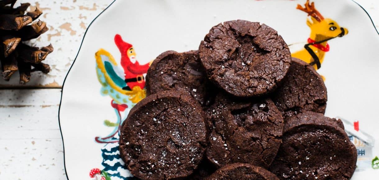 Chocolate World Peace Cookies on a Christmas plate.