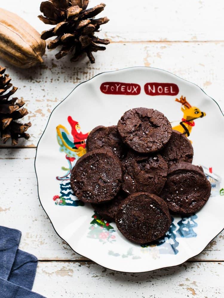 Chocolate World Peace Cookies on a Christmas plate.