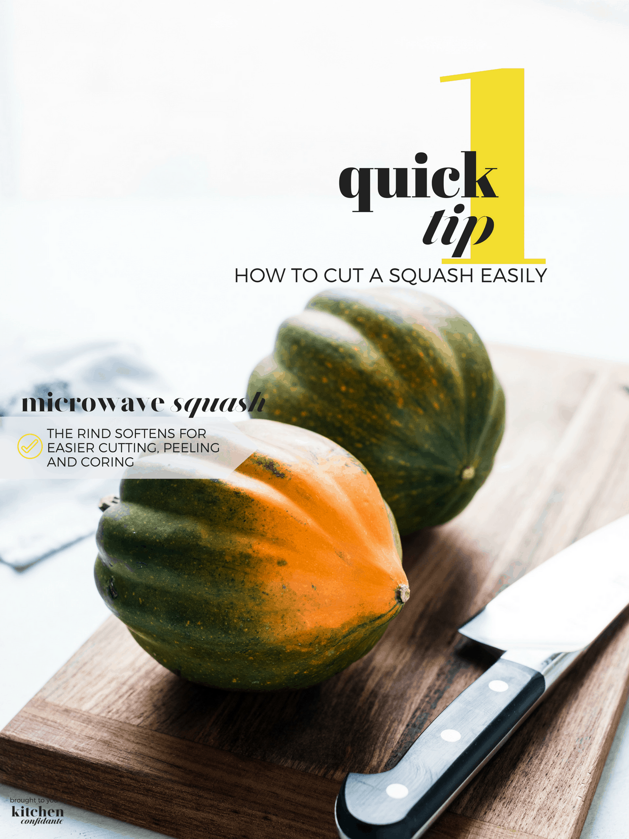 Two acorn squash on a wooden cutting board with a chef's knife.