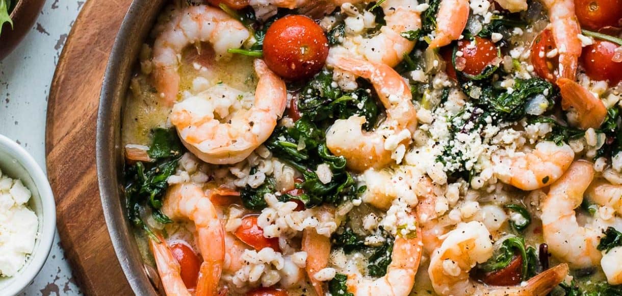 Simple, light, fresh, and made in one skillet. This delicious recipe for Greek Shrimp, Pearl Barley and Kale with Feta doesn't get any easier!