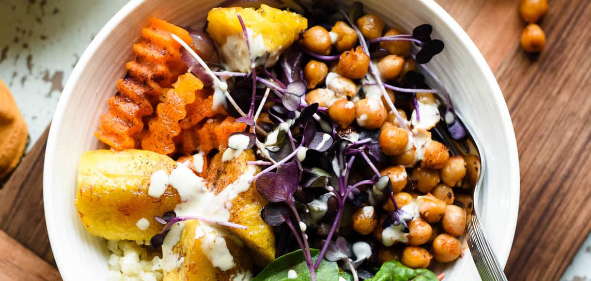 Hearty and healthy Plantain Buddha Bowl is full of nutrient rich foods that satisfy and nourish with protein and fiber rich plantains, chickpeas and greens.