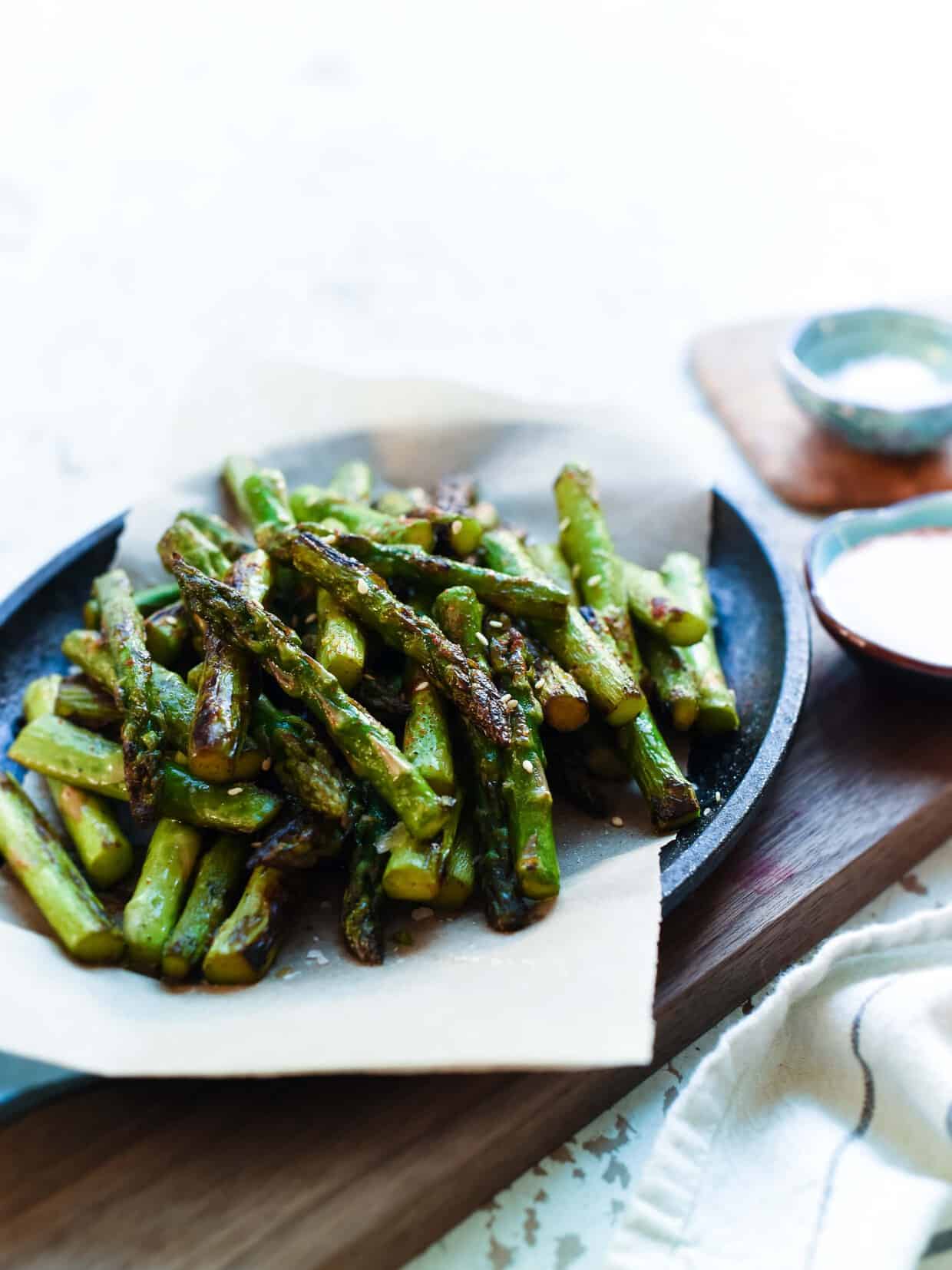 Hot Chili Blistered Asparagus with Sriracha Aioli