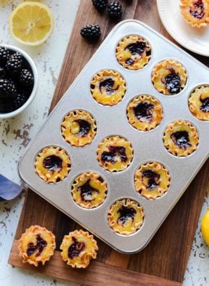 Lemon-Blackberry Chess Pie Bites are miniature versions of the classic Southern pie!