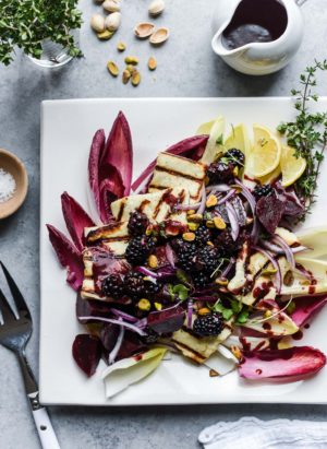 Fire up the grill for Halloumi Salad with Beets and Blackberries. It's savory, fresh, drizzled with balsamic blackberry dressing and a cheese lover's dream.
