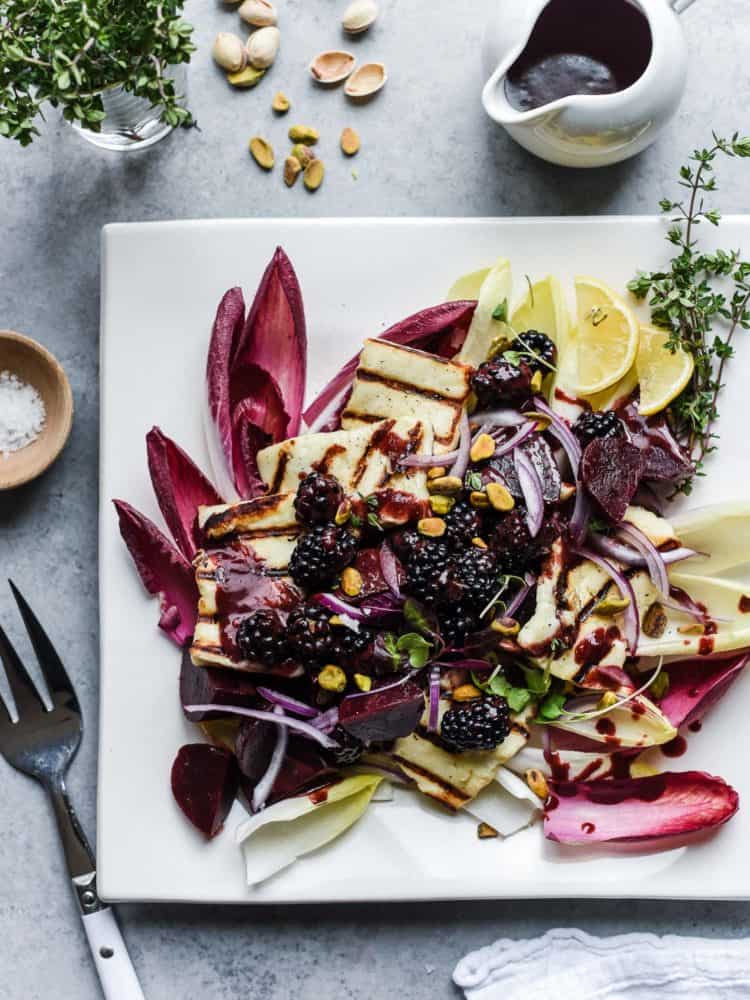 Fire up the grill for Halloumi Salad with Beets and Blackberries. It's savory, fresh, drizzled with balsamic blackberry dressing and a cheese lover's dream.