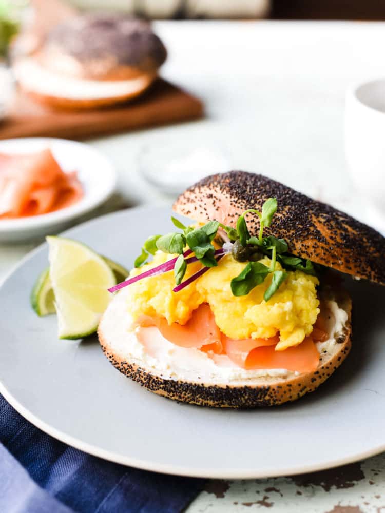 This recipe for Scottish Smoked Salmon Bagel with Scrambled Eggs gives bagel with lox a luxurious update with silky, English-style scrambled eggs.