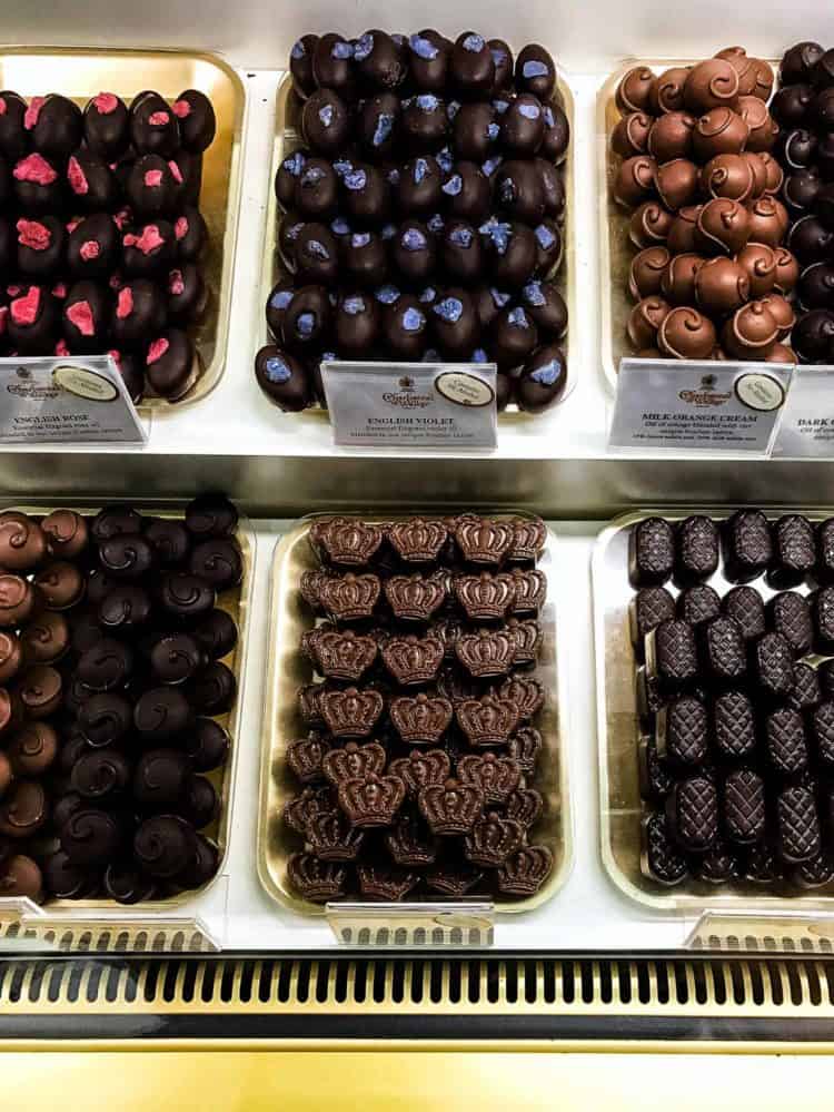Trays of chocolate truffles on display at Harrods in London.