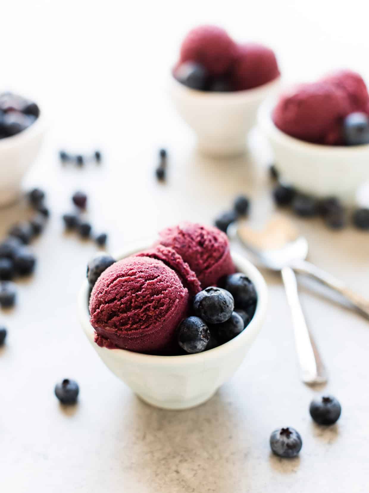 Blueberry Açaí Frozen Yogurt served in small white bowls with blueberries for garnish.
