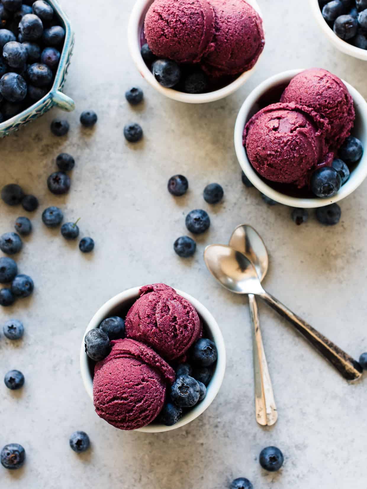 Blueberry Açaí Frozen Yogurt served in small white bowls with blueberries for garnish.