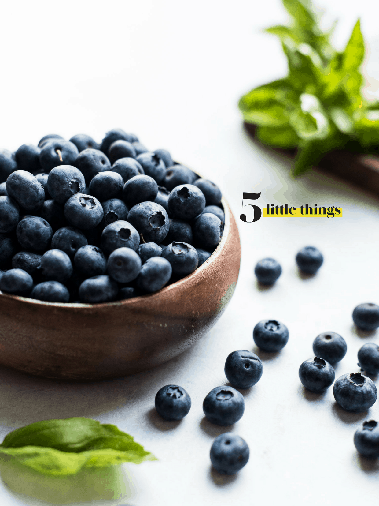 Wooden bowl of blueberries with blueberries on the counter.