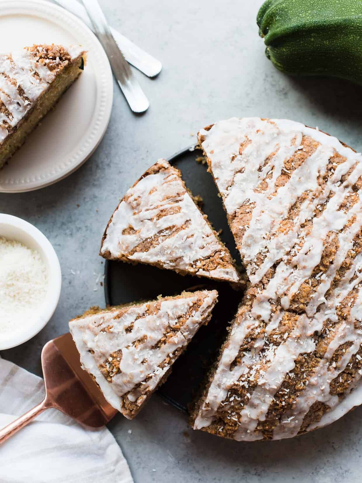 Slicing into coconut zucchini coffee cake.