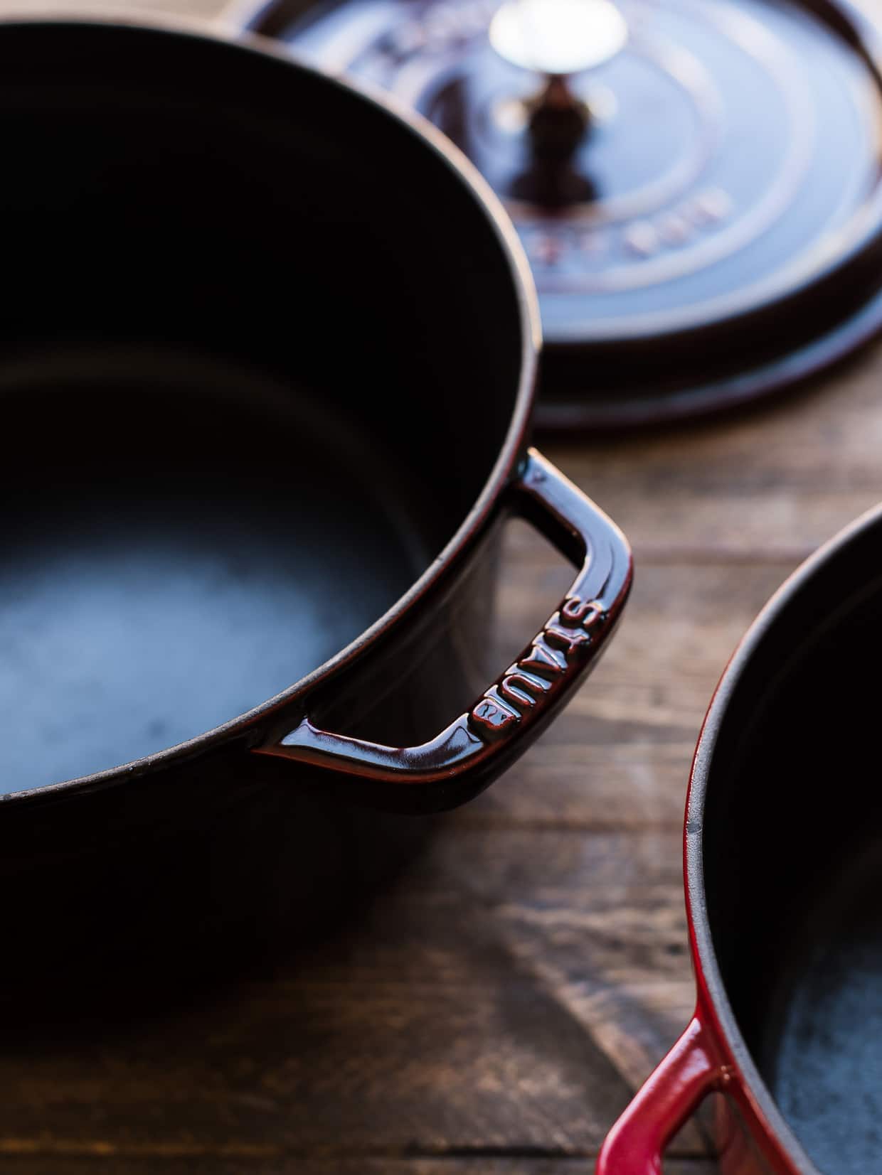 Close up view of a Staub Dutch Oven.