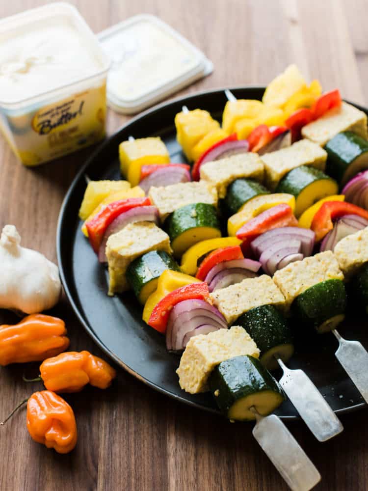 Grilled Tempeh and Vegetable Skewers with Habanero Pineapple Sauce