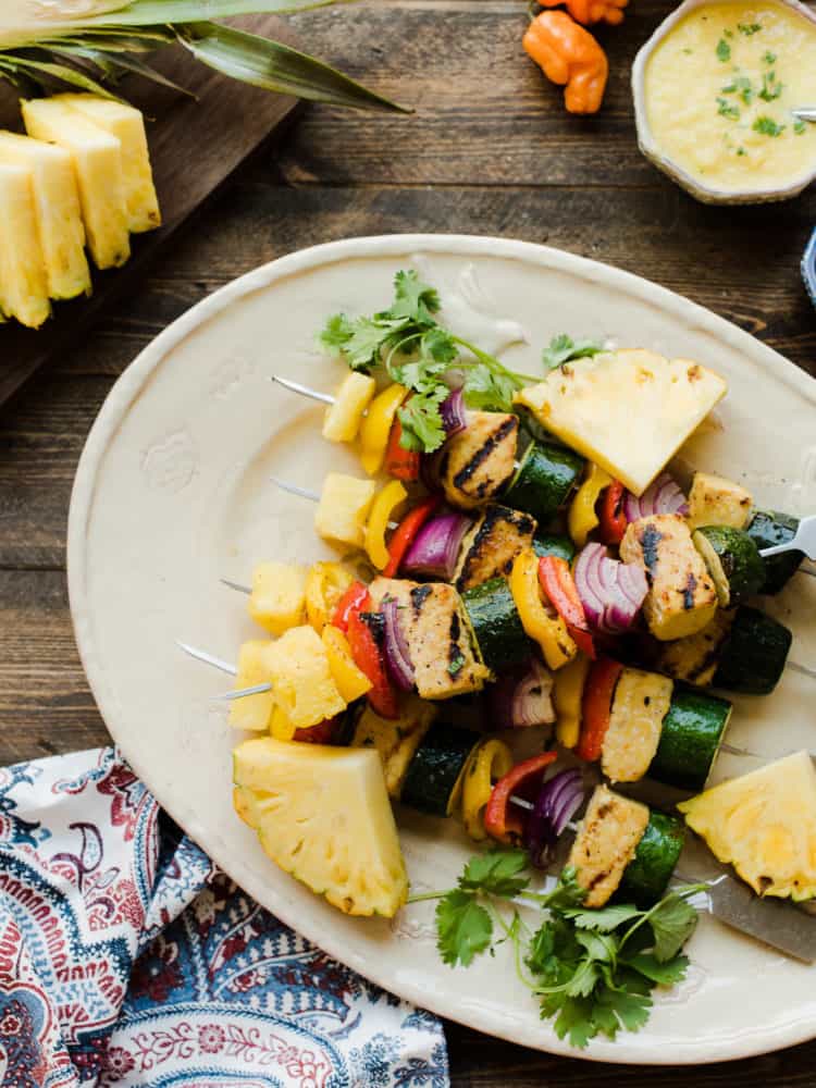 Grilled Tempeh and Vegetable Skewers with Habanero Pineapple Sauce