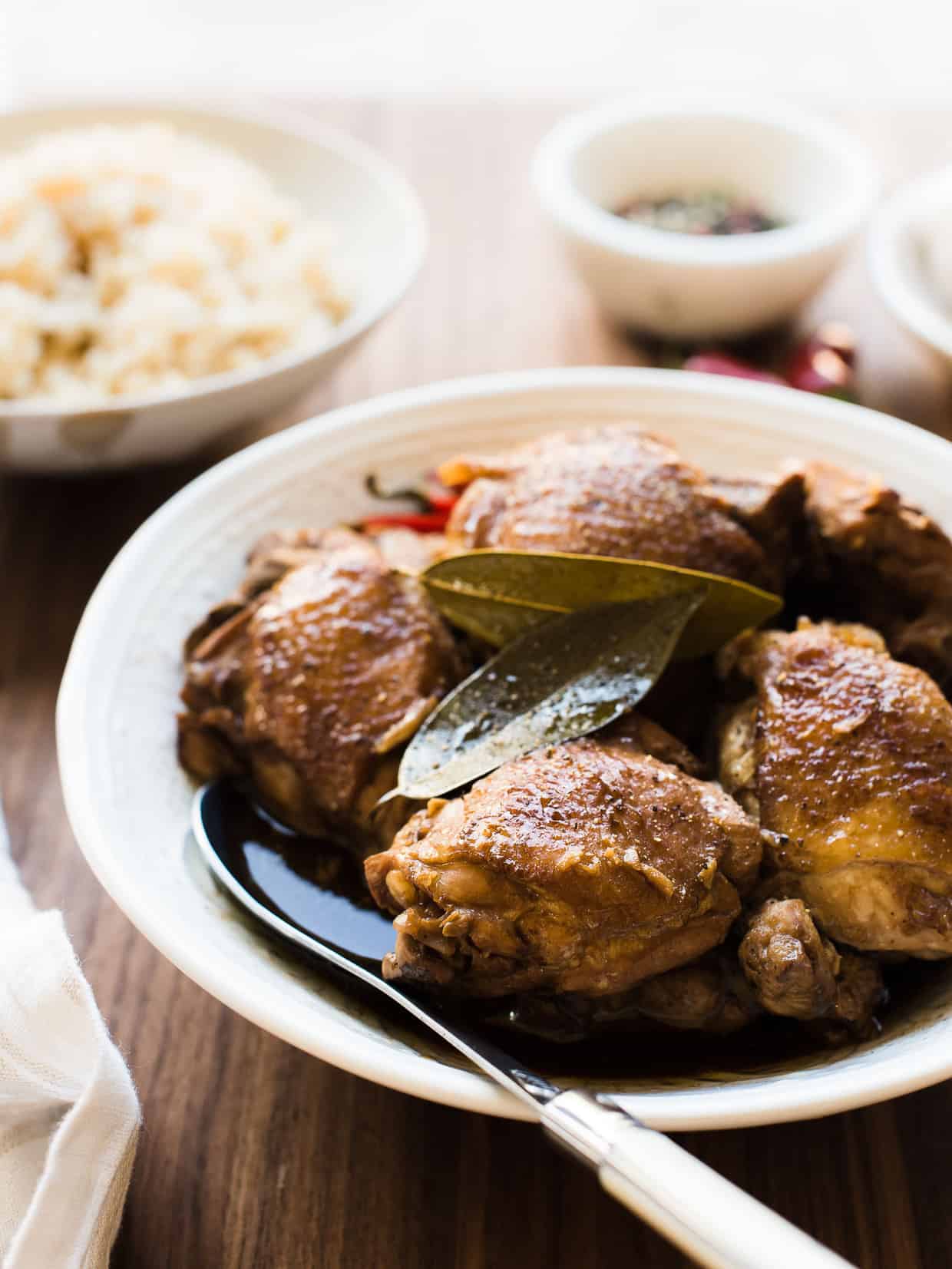 Filipino Chicken Adobo served over rice.