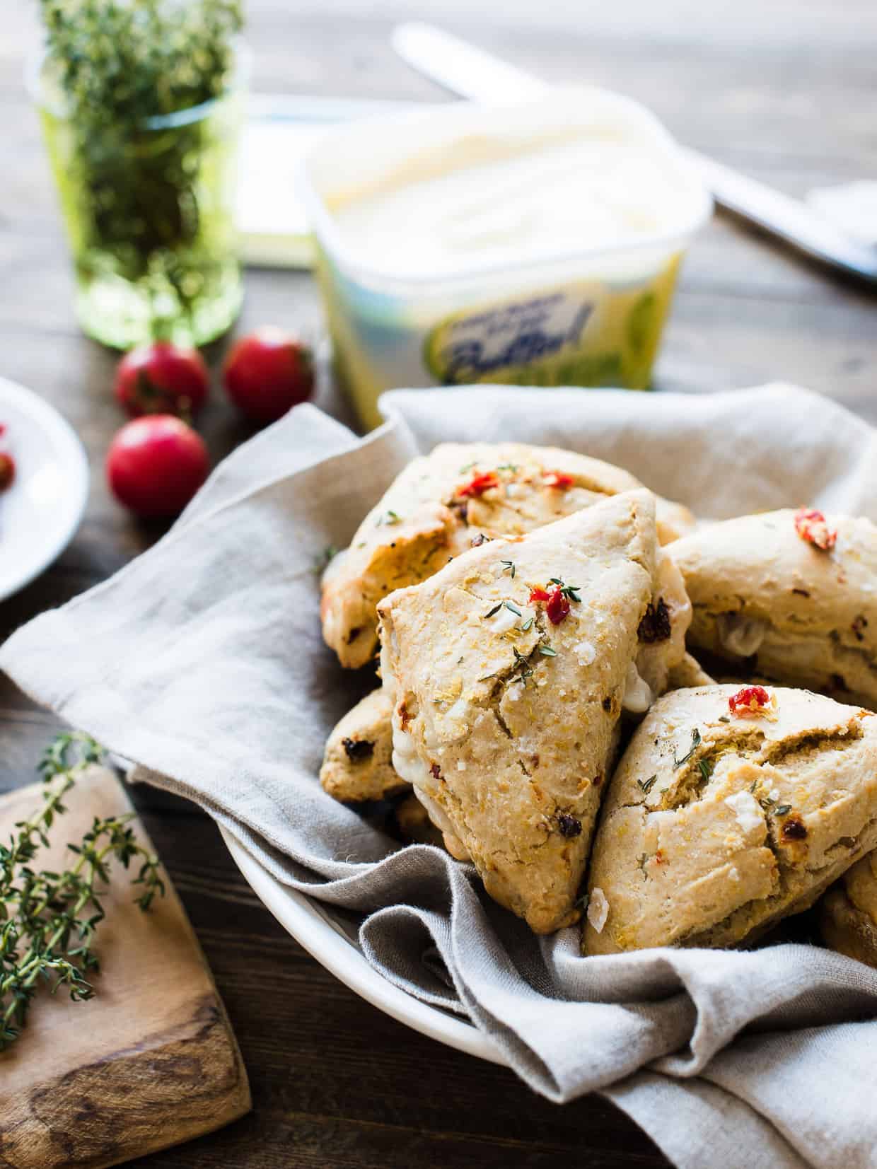 Bowl filled with freshly made Sun-dried Tomato and Thyme Vegan Scones.