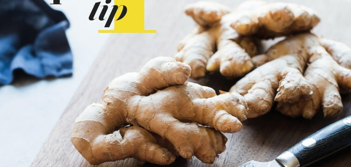 Fresh ginger on a cutting board.