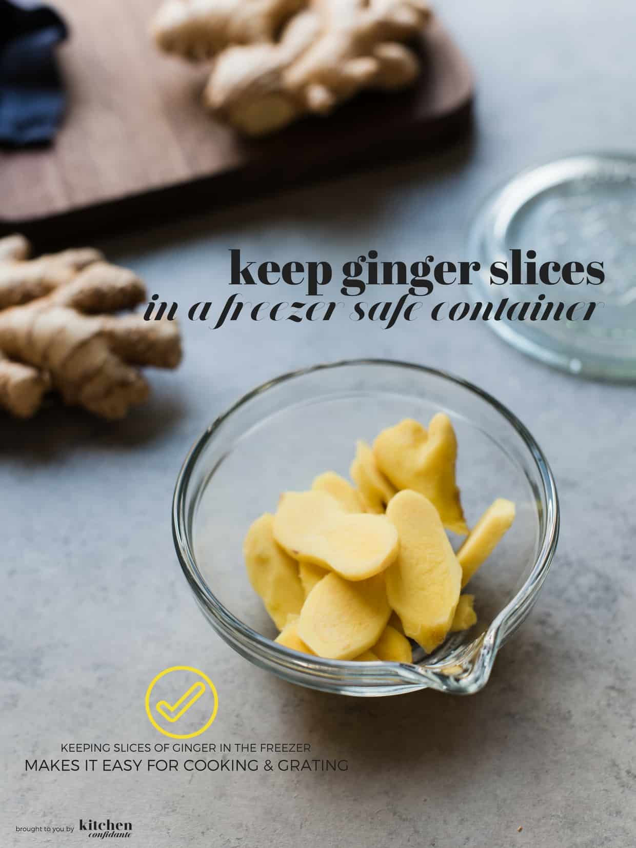 Fresh ginger root peeled and sliced in a glass bowl.