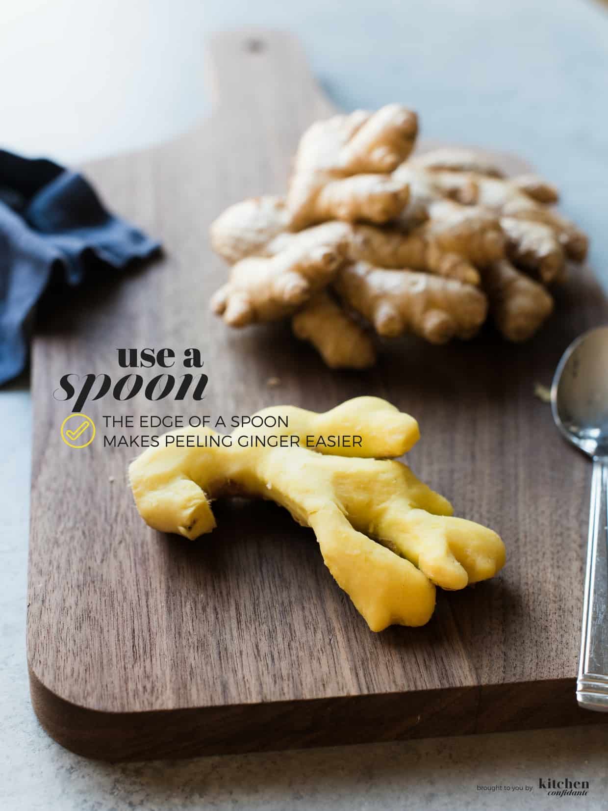 Fresh ginger root peeled with a spoon.