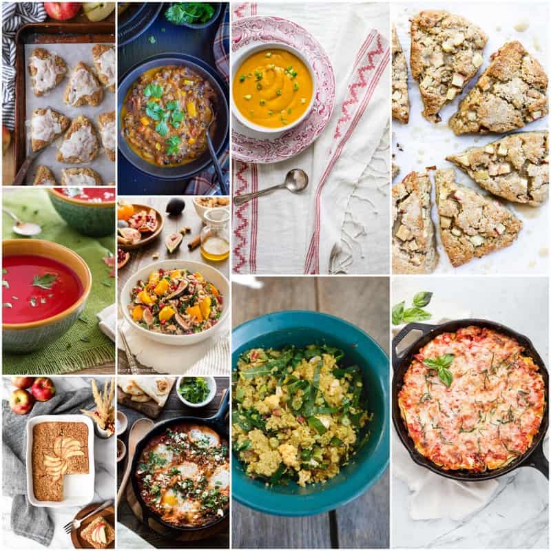 Grid of recipe photos featuring fall recipes such as scones and soup.
