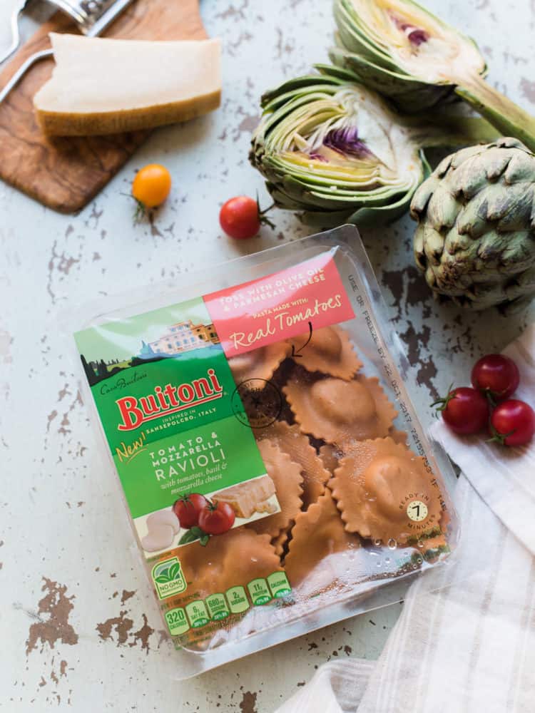 Tomato and Mozzarella Ravioli with Tomatoes, Baby Kale and Artichokes