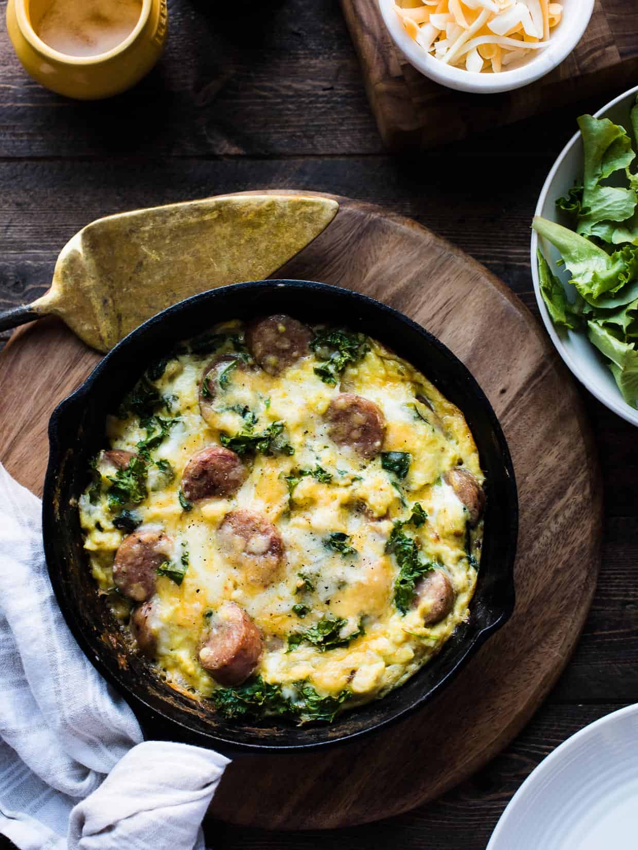 Chicken Sausage and Four Cheese Frittata in a cast iron skillet.