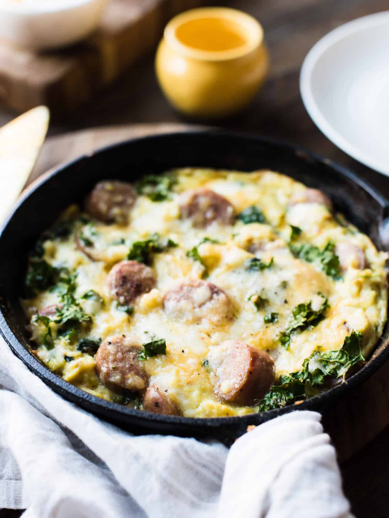 Chicken Sausage and Four Cheese Frittata in a cast iron skillet.