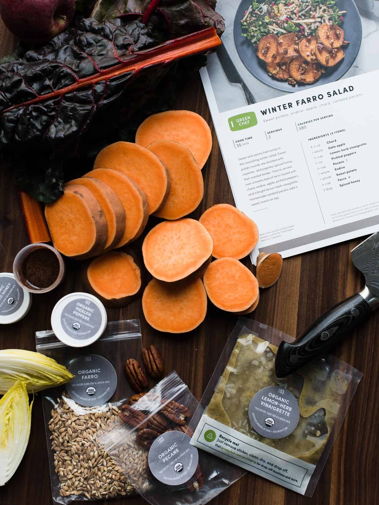 Ingredients for Winter Farro Salad on cutting board from Green Chef.