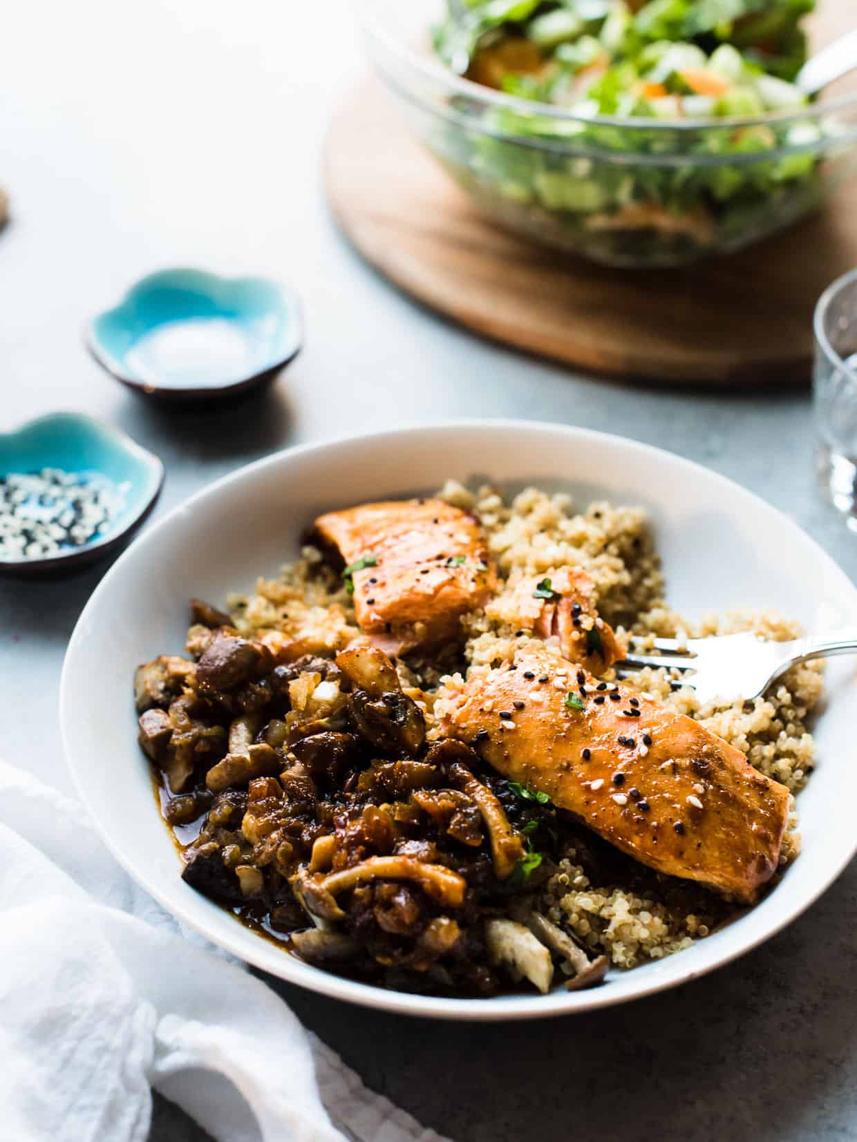 pan roasted salmon on bed of quinoa with mushrooms