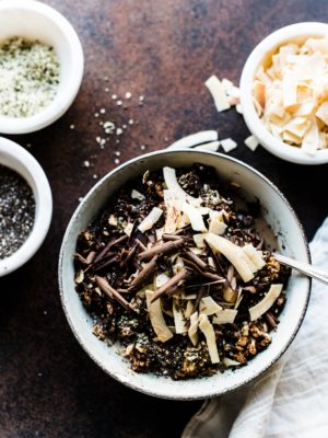 Bowl of Mocha Oatmeal Bowls with oats, espresso, dark chocolate shavings, chia seeds and coconut.