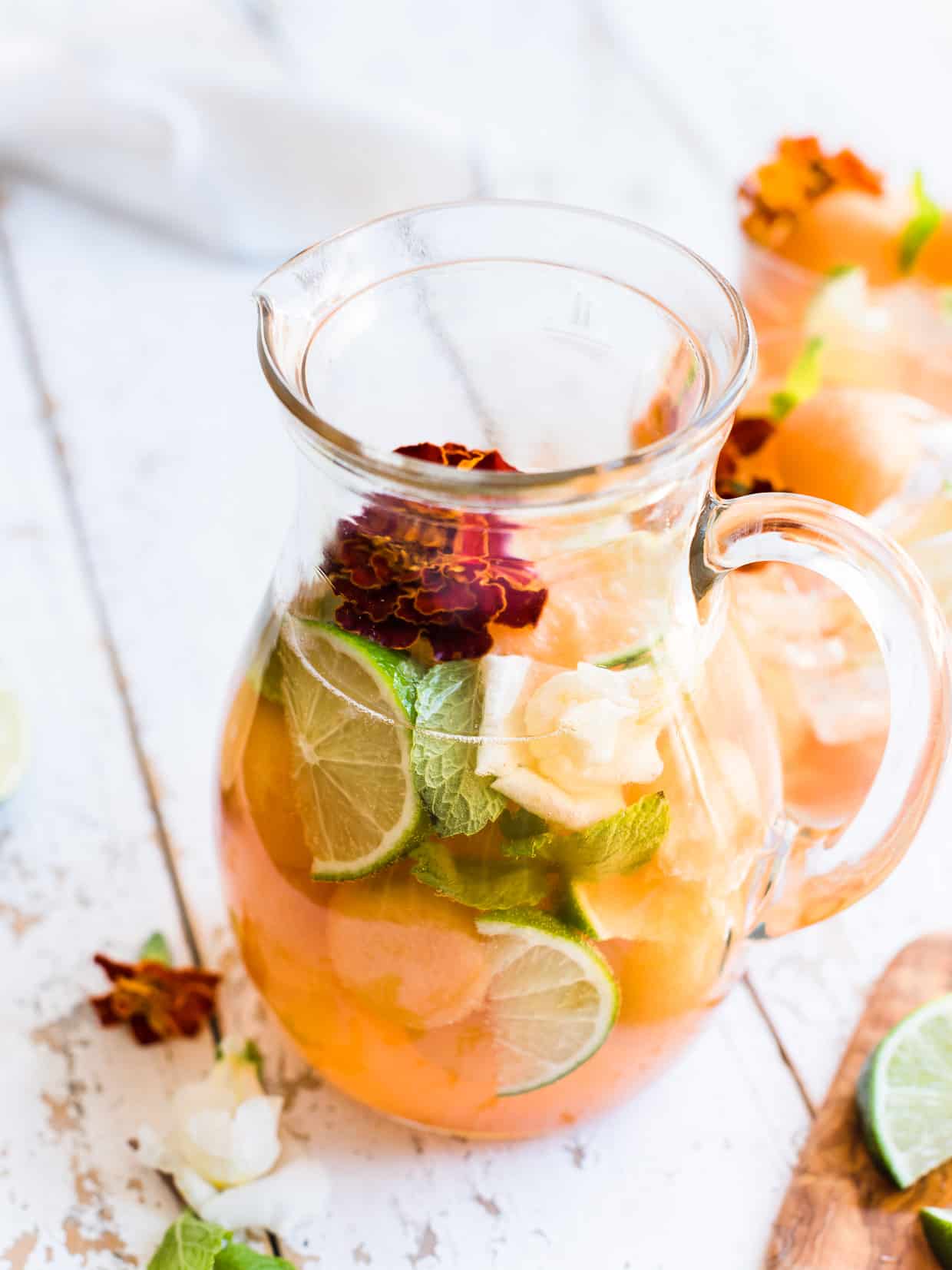 pitcher of Ginger Cantaloupe Sangria.