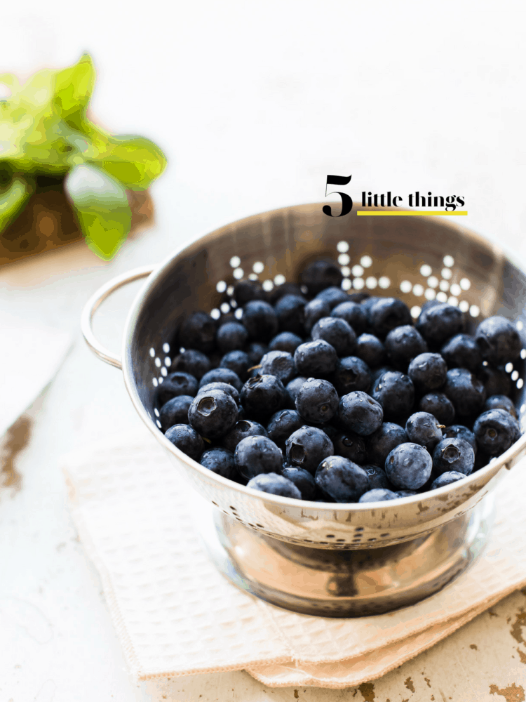 Bowl of blueberries in a colander.