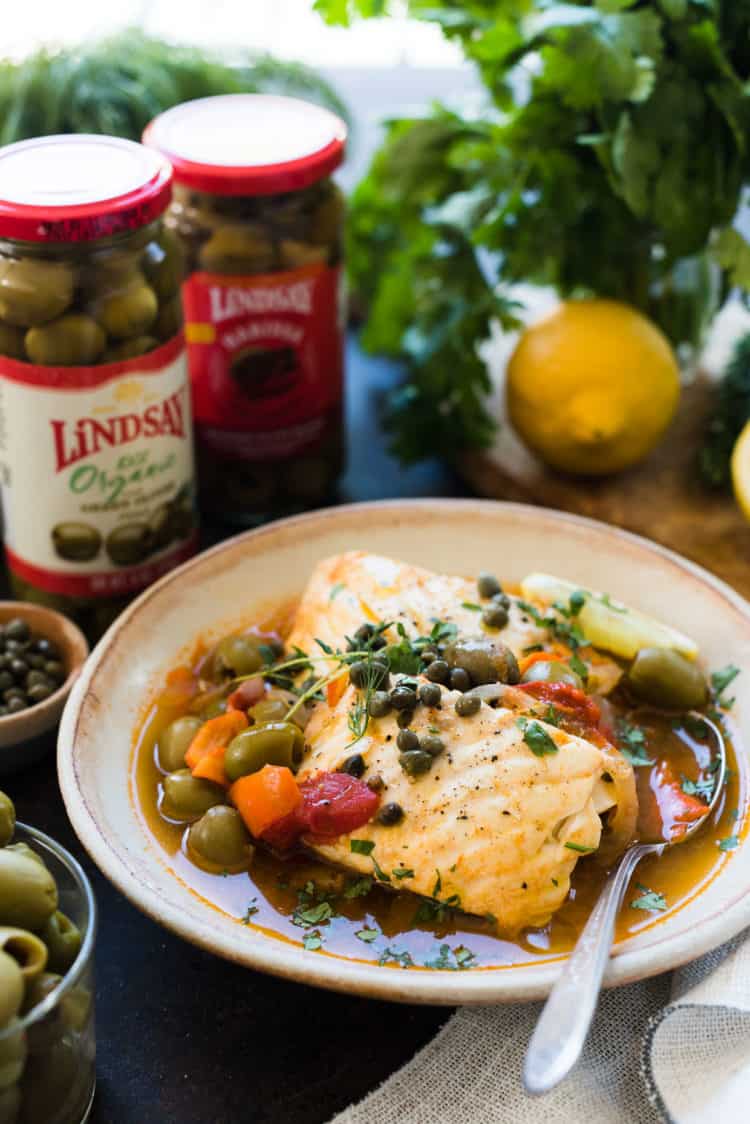 Instant Pot Fish Stew with Tomatoes, Olives and Capers made with Lindsay Olives Harissa Infused Blend Olives