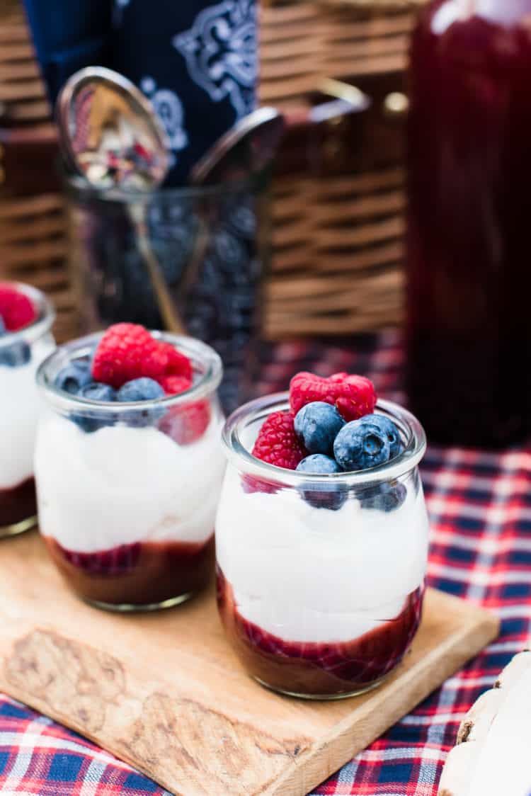 Mixed Berry Fruit-on-the-Bottom Yogurt Cups with fresh blueberries and raspberries.