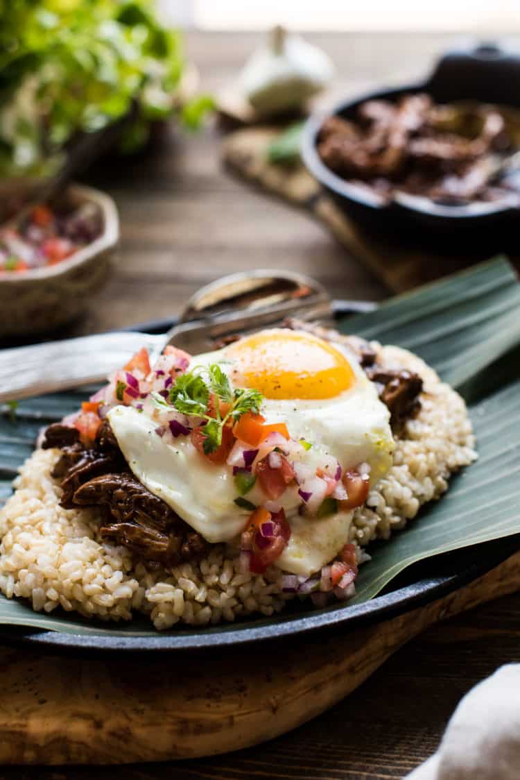 Adobo Loco Moco with tomato onion salad.