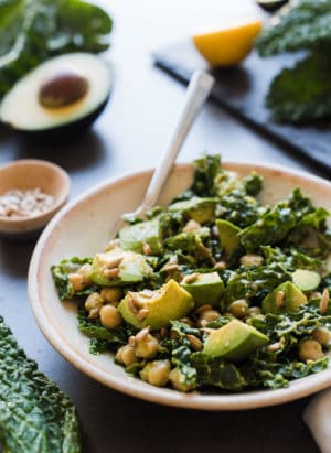 Lemony Kale Avocado and Chickpea Salad in a bowl.