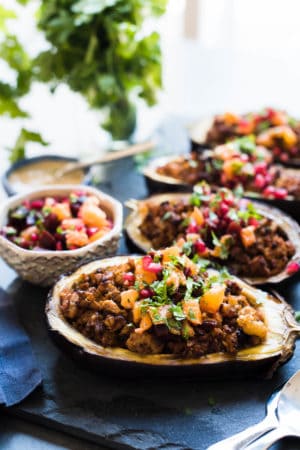 Stuffed Eggplant with Meat and Tahini and topped with Orange Pomegranate Salsa