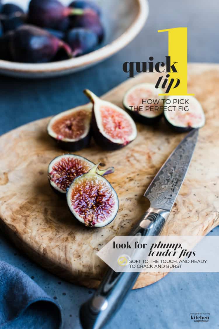 Perfectly ripe fig on a cutting board - learn how to pick the perfect fig with One Quick Tip.