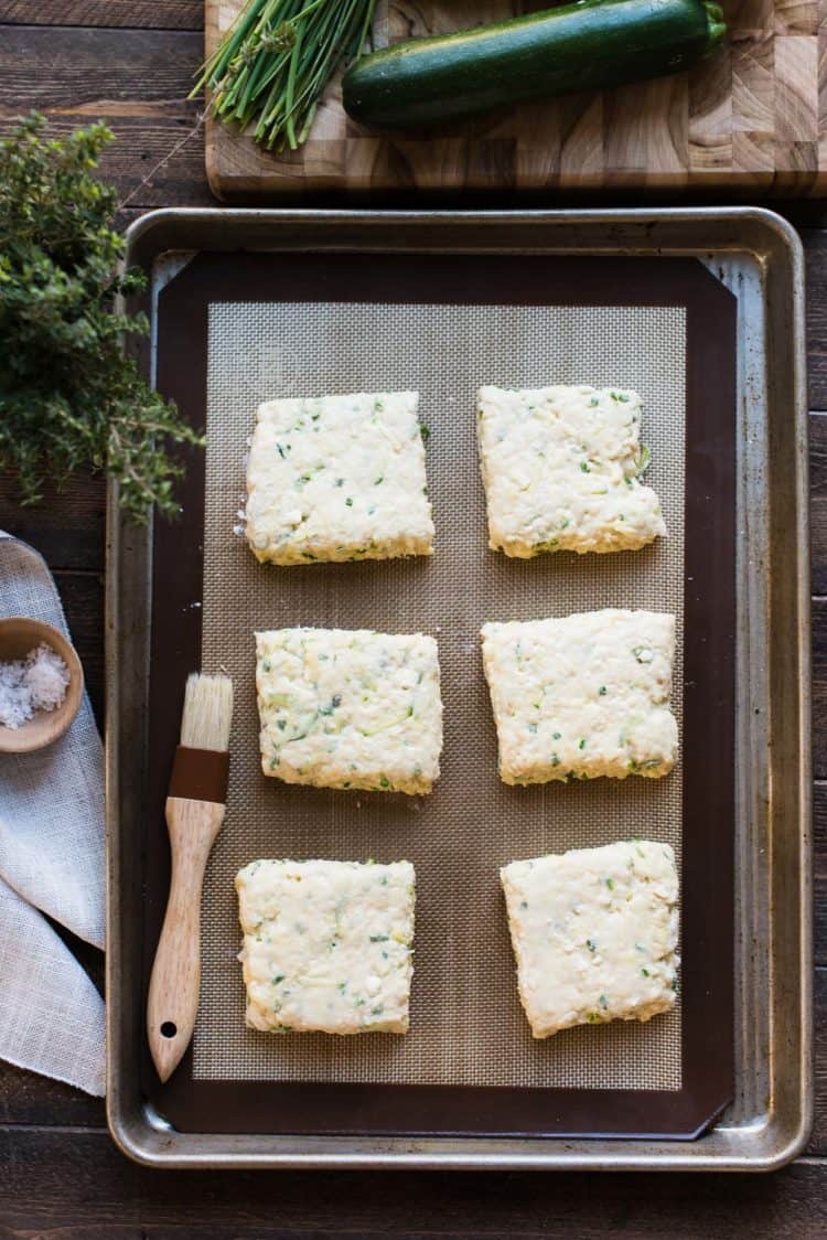 Dough for Savory Zucchini Scones with Feta and Thyme on baking sheet before baking.