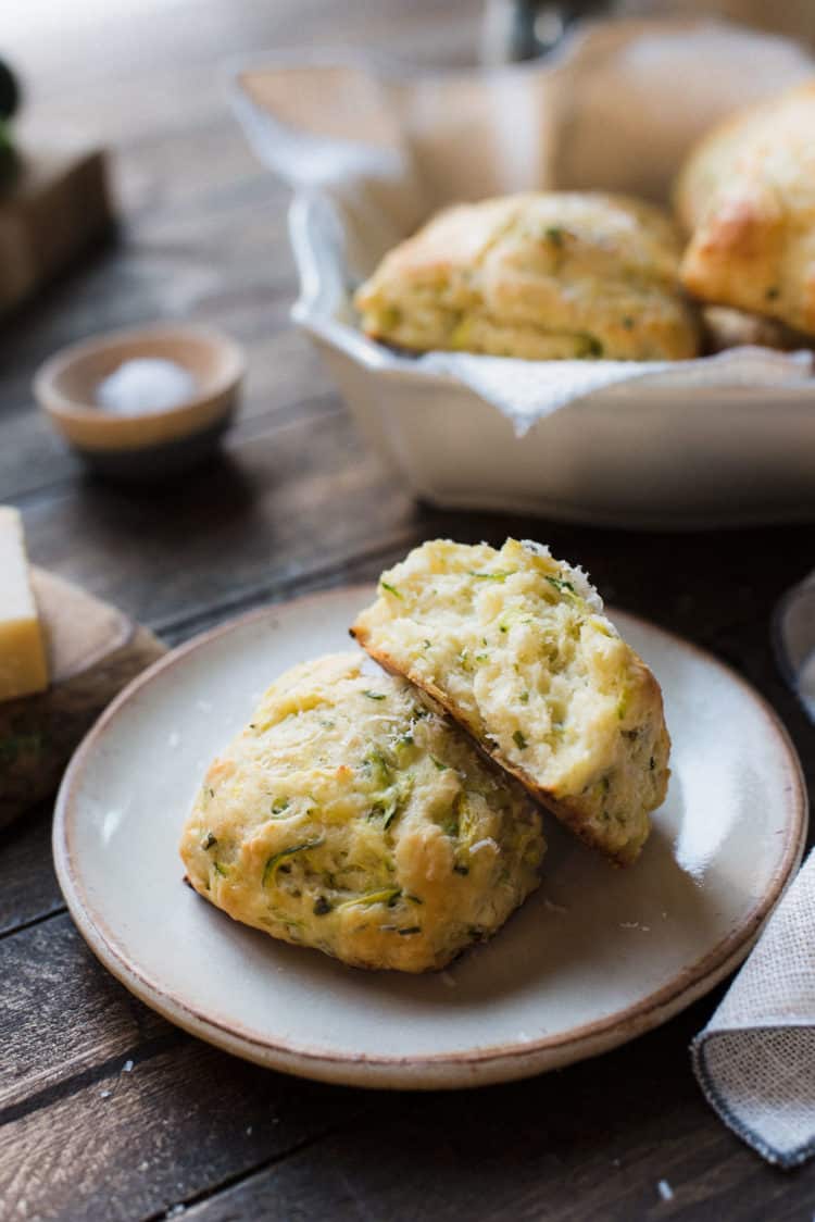  Savory Scones with Zucchini, Feta and Thyme sliced in half.
