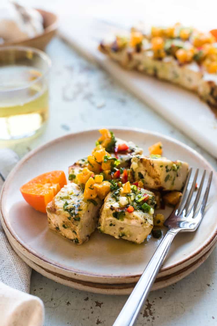 Grilled Swordfish Kebabs with Citrus Herb Salsa on a plate.