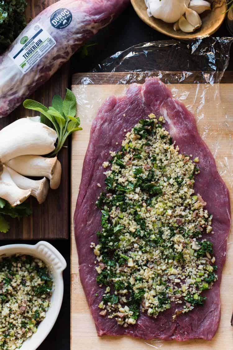 Quinoa Stuffed Pork Tenderloin is easy to make and filled with is filled with a quinoa, mushrooms, and kale stuffing!