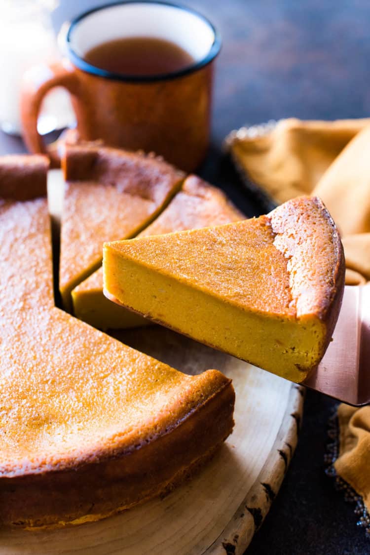 A slice of Sweet Potato Bebinca on a cake knife.