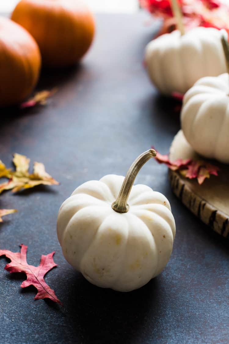 White pumpkin with fall leaves in background.